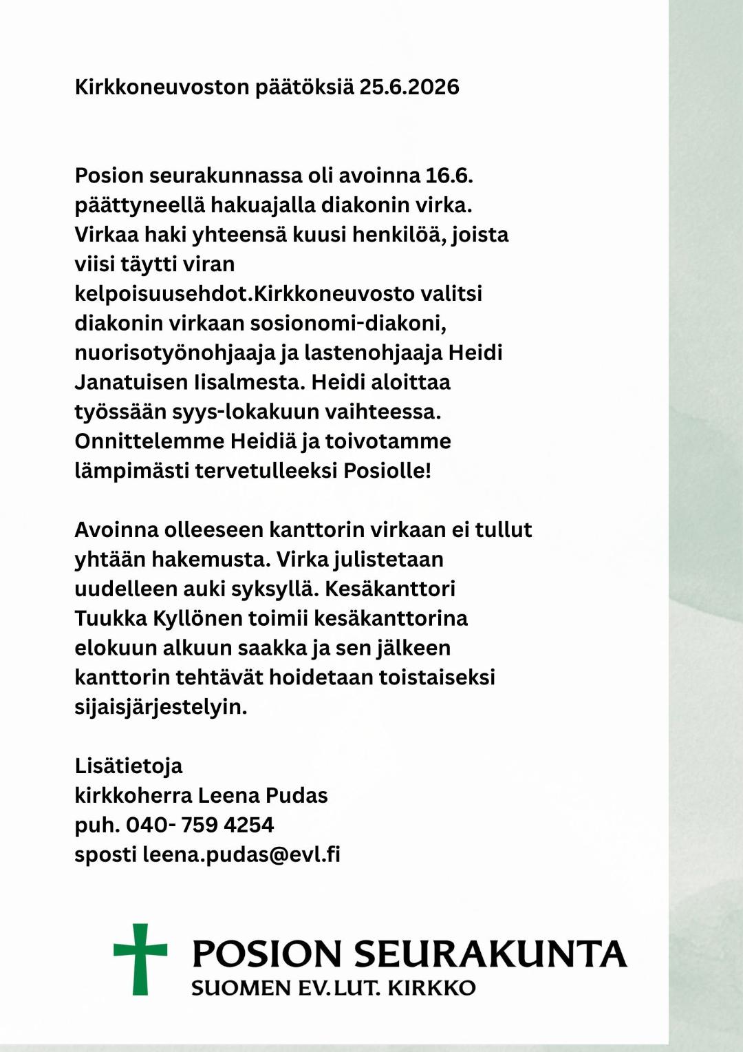 Kirkkoneuvoston päätöksiä 25.6.2026