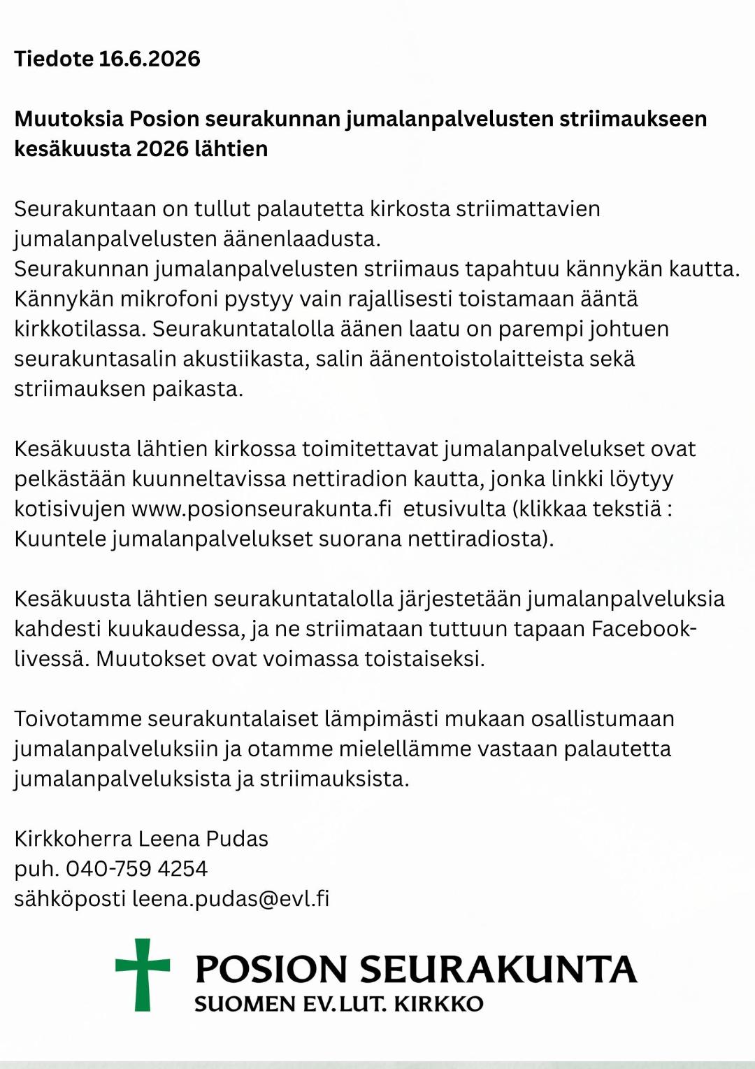Tiedote jumalanpalvelusten striimauksesta